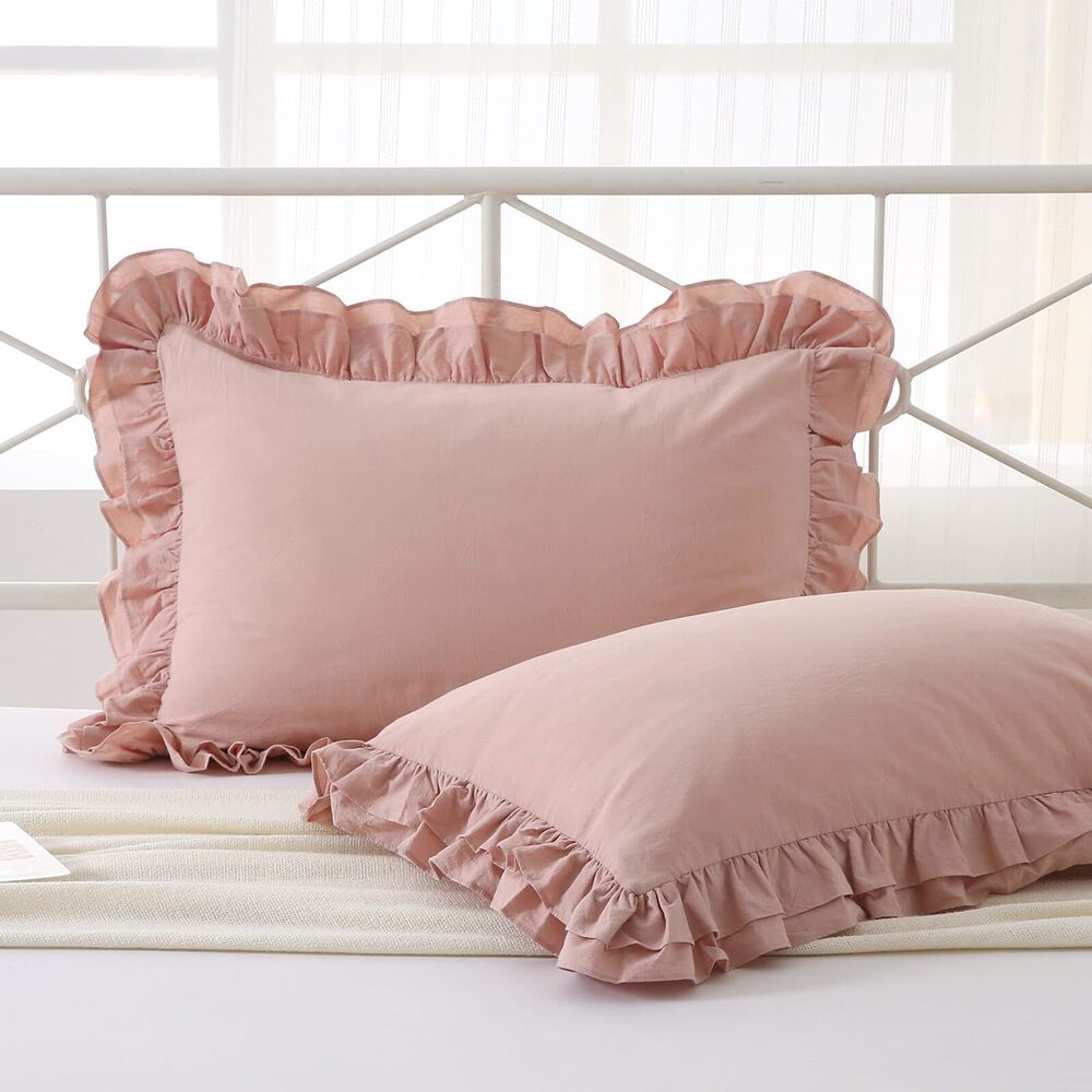 3380 2 Pack Dust Pink Ruffle King Size Pillow Covers, 100% Washed Cotton